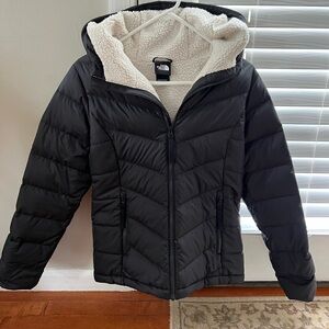 The North Face Women's Black Hooded Puffer Jacket with White Sherpa Lining